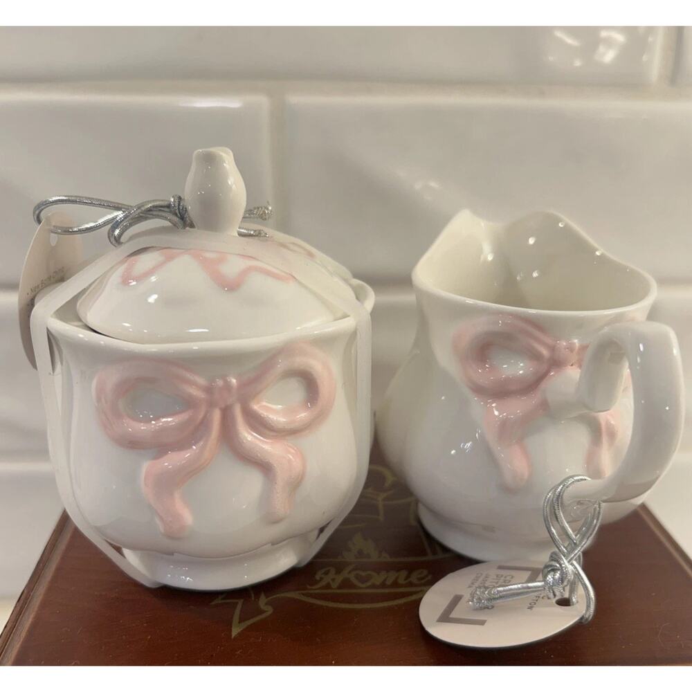 NEW Crofton Ceramic Sugar And Creamer Set White with Pink Bows Bone China Barbie